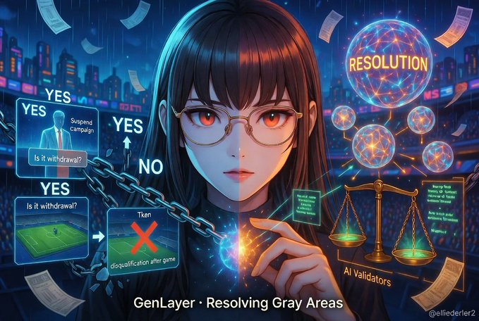 The image shows an anime-style woman with glasses surrounded by floating decision panels ("YES" / "NO" / "Is it withdrawal?" / "Disqualification after game"), a glowing "RESOLUTION" sphere connected to a network of smaller orbs, and a balance scale labeled "AI Validators," with the caption "GenLayer · Resolving Gray Areas." It visually illustrates the post's point about Polymarket's ambiguity in resolving real-world outcomes, positioning GenLayer's AI validators as the solution to settling gray-area prediction market questions.