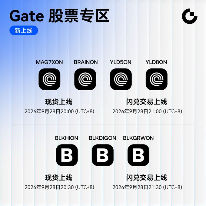 Gate.io (Gate) stock zone promotional graphic in Chinese announcing new listings for MAG7XON, BRAINON, YLD50N, YLD80N, BLKHION, BLKDIGON, BLKGRWON on September 28, 2026.