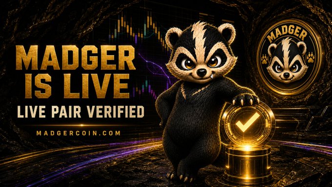 Promotional graphic reading 'MADGER IS LIVE — LIVE PAIR VERIFIED' with a 3D honey badger character, a gold checkmark, a 'MADGER' coin logo, and 'MADGERCOIN.COM'.