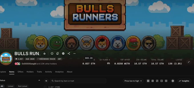 The image displays the OpenSea NFT collection page for "Bulls Run," showing 3,667 minted items with a floor price of 0.037 ETH, 24-hour volume of 16.57 ETH, and a featured banner with cartoon bull and dog characters, which appears to be promoting a free mint opportunity as referenced in the caption.
