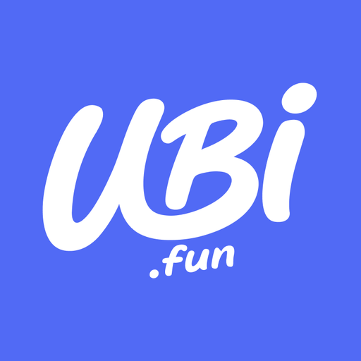 A simple logo design featuring the text 'UBi .fun' in white stylized script on a solid blue background.