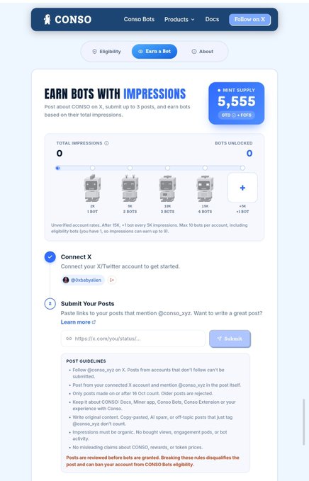 A screenshot of the CONSO.xyz website showing the 'Earn Bots with Impressions' program with 5,555 mint supply, detailing bot tiers based on total impressions (2K, 5K, 10K, 15K, +5K) and post submission guidelines.