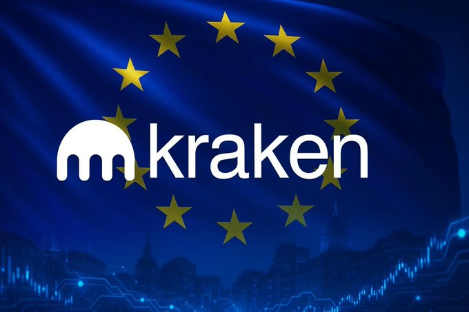The Kraken logo is overlaid on a European Union flag with yellow stars arranged in a circle, symbolizing the cryptocurrency exchange's push to obtain a full banking license in Lithuania and become Europe's first crypto-native bank.