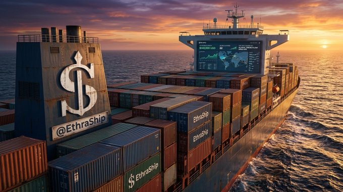 A cargo ship labeled '@EthraShip' sails on the ocean at sunset, with a large dollar sign on its hull and a digital trading display mounted near the bridge.