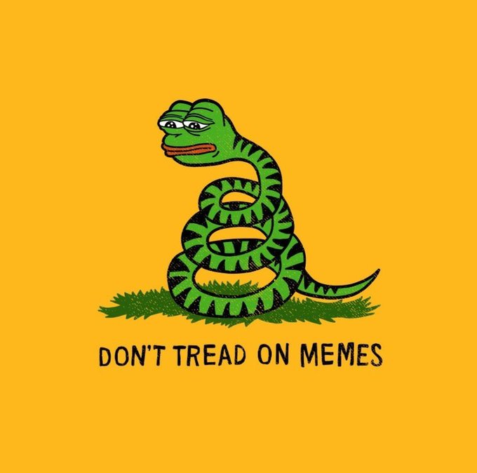 A cartoon Pepe the Frog styled like the Gadsden flag, coiled as a snake with the text 'DON'T TREAD ON MEMES' on a yellow background.
