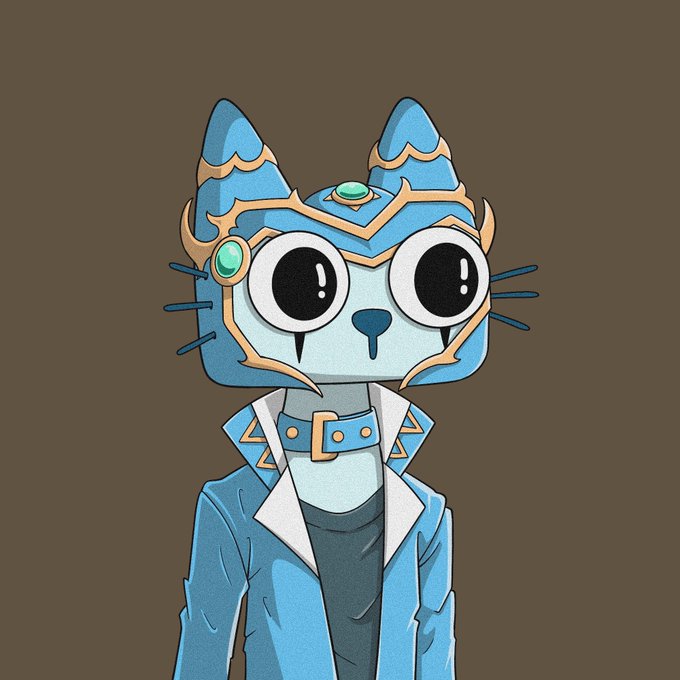 A digital illustration of an anthropomorphic blue cat character wearing gold and green gemmed headgear, large expressive eyes, and a blue jacket with a spiked collar.