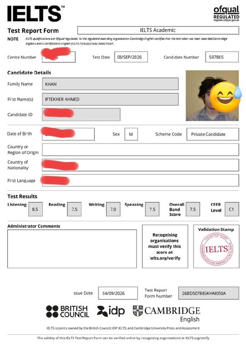 An IELTS Academic Test Report Form for candidate 'IFTEKHER AHMED KHAN' shows scores of 8.5 Listening, 7.5 Reading, 7.0 Writing, 7.5 Speaking, and an overall band score of 7.5, with the candidate's photo covered by a sweat-smile emoji.