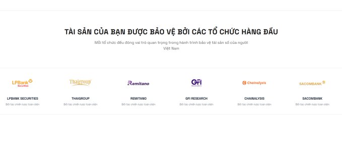 A Vietnamese webpage banner reading 'TÀI SẢN CỦA BẠN ĐƯỢC BẢO VỆ BỞI CÁC TỔ CHỨC HÀNG ĐẦU' (Your assets are protected by top organizations), showing partner logos including LPBank Securities, Thagri Group, Remitano, GFI Research, Chainalysis, and Sacombank.
