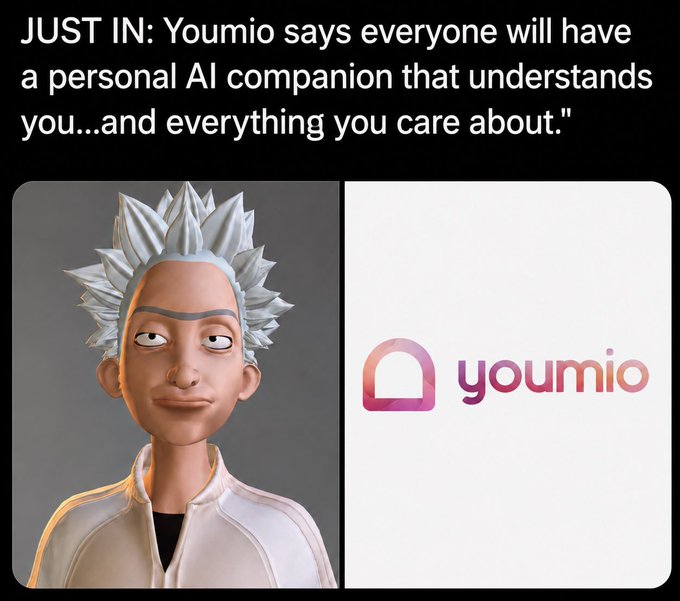 The image displays a news announcement stating "JUST IN: Youmio says everyone will have a personal AI companion that understands you…and everything you care about," featuring the Youmio logo alongside a stylized 3D avatar with spiky white hair, likely representing the company's AI companion concept.

This aligns with the "Next blue chip in AI sector" post by showcasing Youmio's vision for personalized AI companions, positioning the company as a potentially significant player in the expanding AI industry.