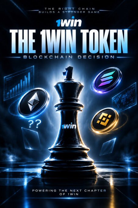 A promotional graphic for 'THE 1WIN TOKEN' featuring a chess king piece surrounded by cryptocurrency coins including Ethereum and Solana, with the text 'THE RIGHT CHAIN BUILDS A STRONGER GAME' and 'POWERING THE NEXT CHAPTER OF 1WIN'.