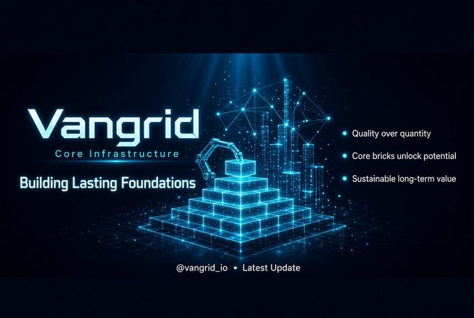 A promotional banner for "Vangrid Core Infrastructure" with the tagline "Building Lasting Foundations," featuring a glowing digital pyramid made of blocks and a futuristic robotic arm.