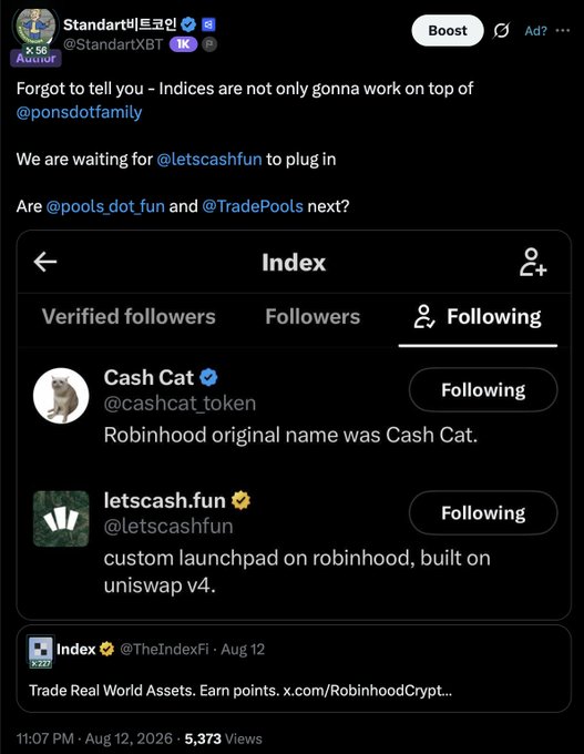 Tweet by Standart (@StandartXBT) discussing crypto projects on Robinhood, mentioning @letscashfun, @pools_dot_fun, and @TradePools with an attached image showing 'Cash Cat' (@cashcat_token) and 'letscash.fun' (@letscashfun) accounts being followed.