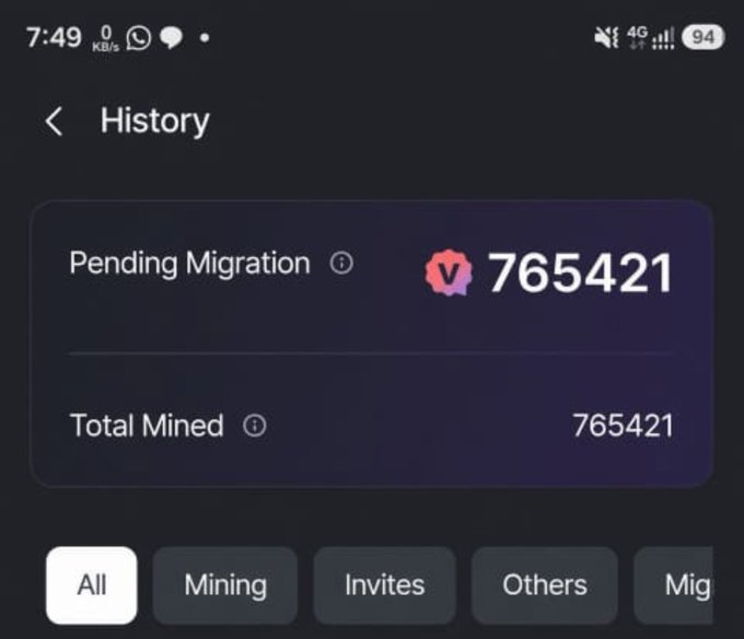 A mobile app screen showing a 'History' page with 'Pending Migration' and 'Total Mined' both displaying 765,421 V (or V-Bucks) tokens.
