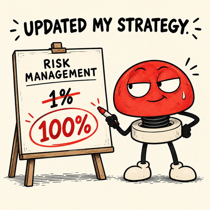 A cartoon red character holding a marker next to an easel displaying 'RISK MANAGEMENT 1%' crossed out and replaced with '100%', with text above reading 'UPDATED MY STRategy'.