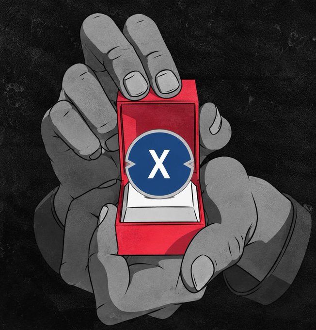 An editorial cartoon shows two grayscale hands—one larger hand reaching down and one smaller hand reaching up—holding a red box displaying a blue circle with a white 'X' (resembling the X/Twitter logo).