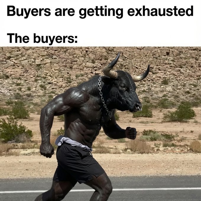A humorous meme captioned 'Buyers are getting exhausted / The buyers:' showing a photoshopped image of a muscular Minotaur body with a bull's head wearing shorts, running along a desert road.