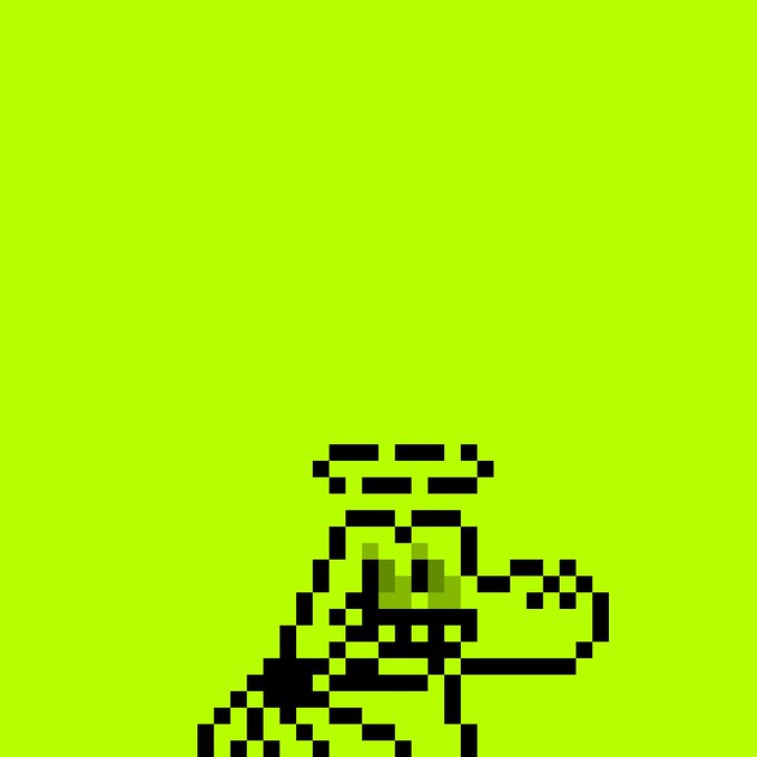 A pixelated black drawing of what appears to be a crocodile or alligator wearing a halo sits on a bright neon green background. The image relates to the CrocsHood NFT promotion by depicting a stylized croc character, likely meant to represent the NFT collection launching on the Robinhood chain on July 16th.