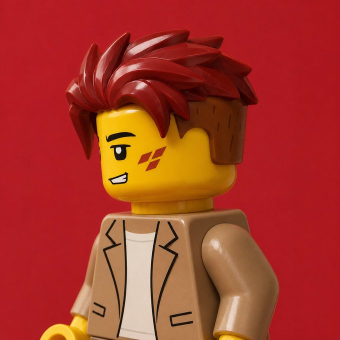 A 3D rendered LEGO-style character with spiky red hair, a yellow face with a smirking expression, and a tan suit jacket against a red background.