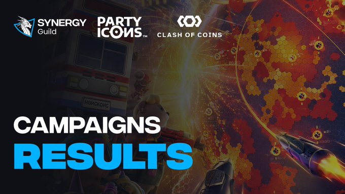 The image displays a "Campaigns Results" banner for Synergy Guild, featuring logos for "Party Icons" and "Clash of Coins" alongside a fiery, game-themed background with an ambulance labeled "HONG KONG" and a rocket, visually representing the successful conclusion of these collaborative campaigns.