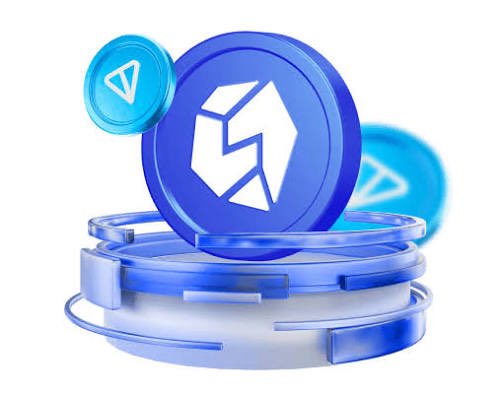 A 3D rendered illustration of a blue cryptocurrency coin featuring a gem/diamond logo, surrounded by smaller tokens with play button symbols.