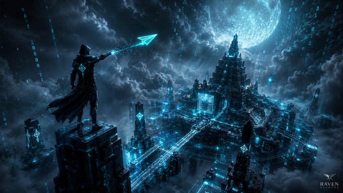 A hooded figure in a dark cloak stands atop a stone spire, reaching out to launch a glowing blue arrow toward a luminous moon and a fantastical glowing cityscape filled with floating digital runes.