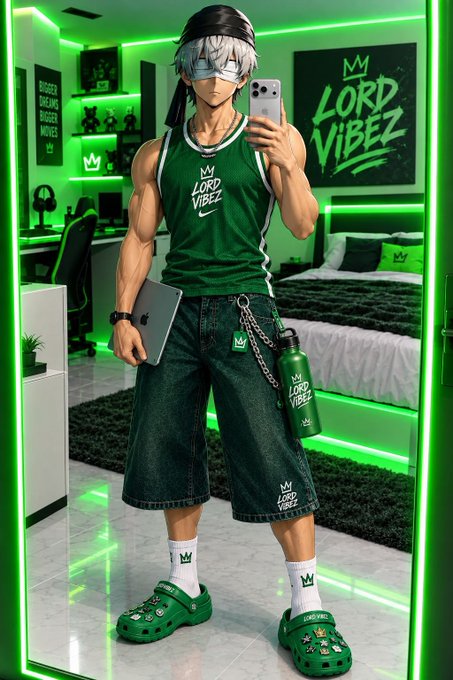 An anime-style illustration of a muscular male character in a neon green-lit bedroom, wearing a green tank top, denim shorts, and green Crocs branded with 'MY LORD VIBEZ'.