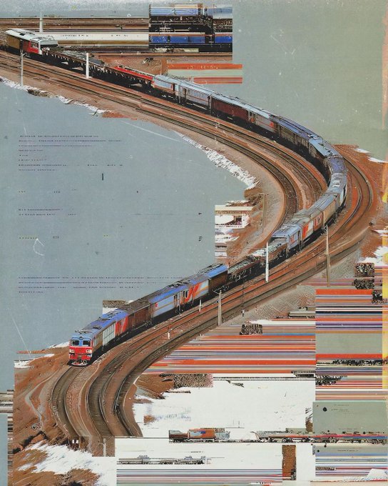 An artistic, collage-style image showing a long freight train curving along tracks in a snowy landscape, with fragmented strips of colorful train imagery forming a stylized border effect.