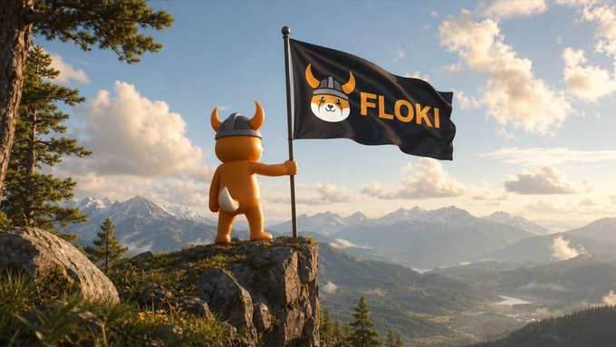 A 3D rendered illustration of a character wearing a viking helmet standing on a mountain peak, holding a black flag with "FLOKI" and the Floki dog mascot logo on it.