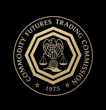 The official seal of the Commodity Futures Trading Commission, established in 1975, featuring its name encircling an eagle with scales of justice in gold against a black background. This emblem represents the CFTC, the regulatory body hosting the upcoming "From Uncertainty to Clarity" crypto meeting on August 20 to discuss digital asset regulation, AI agents, and prediction markets.
