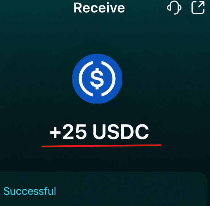The image shows a MetaMask "Receive" screen confirming a successful transaction of "+25 USDC" with the USDC dollar sign logo, illustrating the crypto cash reward users can earn for completing the MetaMask survey as described in the post.