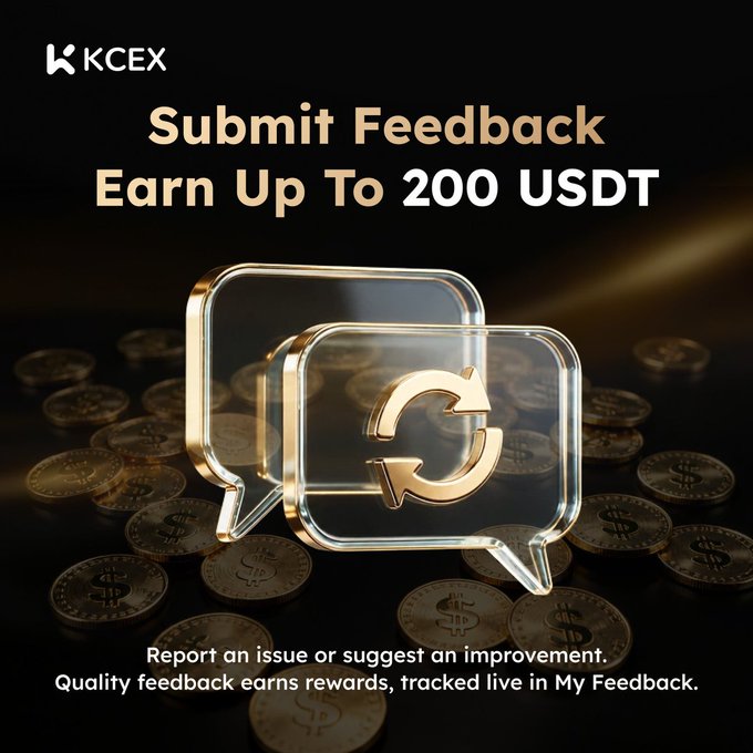 The image is a promotional graphic for KCEX featuring a golden refresh icon overlay on glassy speech bubbles surrounded by gold USDT coins, with text reading "Submit Feedback Earn Up To 200 USDT" and noting that quality feedback earns rewards tracked live in My Feedback—visually reinforcing the post's message about KCEX's feedback program offering up to 200 USDT in rewards at kcex.com/feedback.