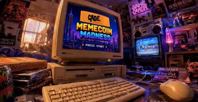 A retro gaming setup featuring a vintage CRT monitor displaying 'CADE MEMECOIN MADNESS - PRESS START,' surrounded by nostalgic items like game boxes, lava lamps, and posters in a cluttered bedroom.