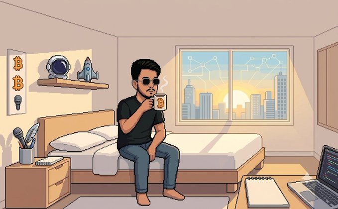 A cartoon illustration of a man in sunglasses sitting on a bed drinking from a Bitcoin mug, with crypto-themed decorations and a city skyline visible through the window.