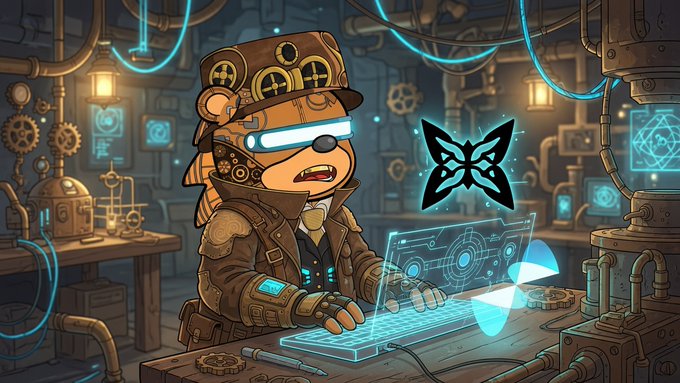 A steampunk-style cartoon bear wearing a top hat and goggles works on a glowing blue holographic laptop in a workshop filled with pipes and gears, with a butterfly-shaped hologram floating nearby.