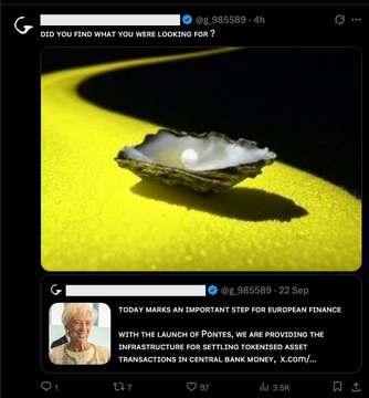 A screenshot of a social media post asking 'DID YOU FIND WHAT YOU WERE LOOKING FOR?' showing an oyster on a yellow surface, followed by another post by @g_985589 dated 22 Sep about the European Central Bank.