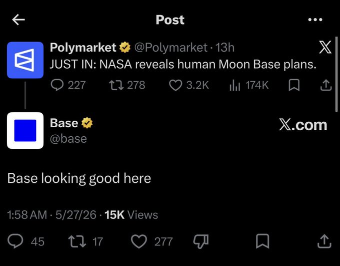 The image shows a Twitter post with two posts displayed side by side, both containing blue text that reads "Base looking good here". The posts are about a company named Base Polymarket, which has been described as a giant in one frame and a human moon base in another. The posts seem to be discussing the company's recent activities or plans related to their name.