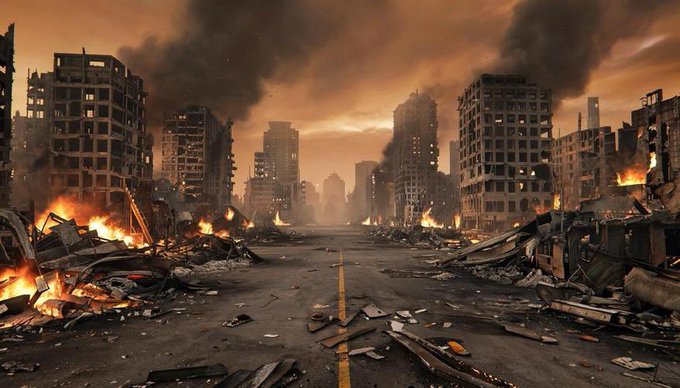 A destroyed urban skyline with smoldering ruins, overturned vehicles, and a cracked road under an apocalyptic orange sky—the exaggerated image of societal collapse humorously fitting a meme about "Society if Elon made a FOMO account." No text, numbers, or branding are visible in the scene itself.