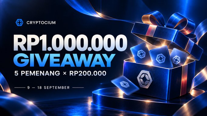 A promotional graphic for a Cryptocium giveaway featuring a gift box with floating tokens and ribbons, advertising "RP1.000.000 GIVEAWAY" for 5 winners × RP200,000 from 9–18 September, matching the post's instructions to join via Telegram and submit a BEP20 address for a chance to win.