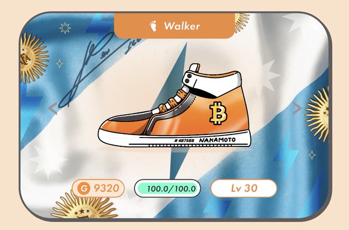 A digital NFT-style illustration of an orange and white Bitcoin sneaker labeled '#487588 NAKAMOTO' set against an Argentinian flag background, with stats showing G 9320, 100.0/100.0, and Lv 30.