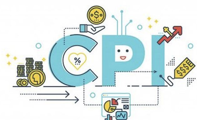 A colorful infographic centered on the letters 'CPI' (Consumer Price Index), surrounded by financial icons including dollar signs, pound symbols, coins, growth charts, and data dashboards.
