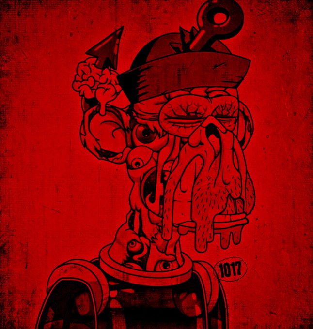 The image features a cartoon character with a face, dressed as a pirate or sailor, wearing a hat and holding an anchor. The background of the image is red, which contrasts with the black and white style of the drawing. The caption below the image reads "Too Much Alpha BAYC".
