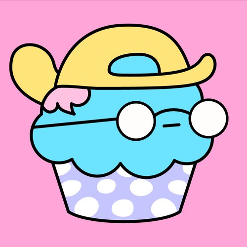 A cartoon illustration of a blue cupcake character wearing glasses and a yellow hat with pink frosting hair, set against a pink background.