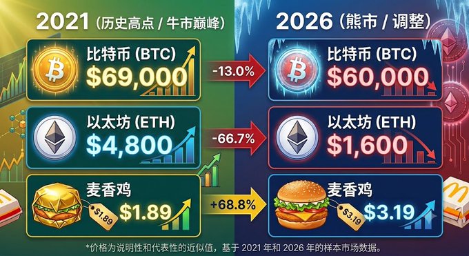 An infographic comparing cryptocurrency and food prices between 2021 and 2026, showing Bitcoin (BTC) down 13.0% to $60,000, Ethereum (ETH) down 66.7% to $1,600, and McDonald's chicken burger (麦香鸡) up 68.8% to $3.19.