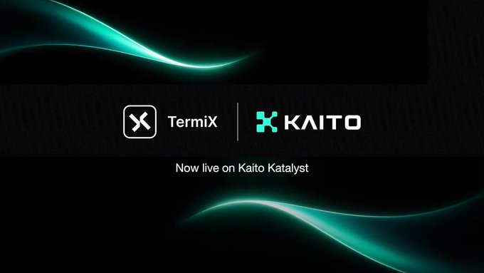Announcement graphic stating 'TermiX | KAITO' and 'Now live on Kaito Katalyst' with a dark background and teal wave accents.