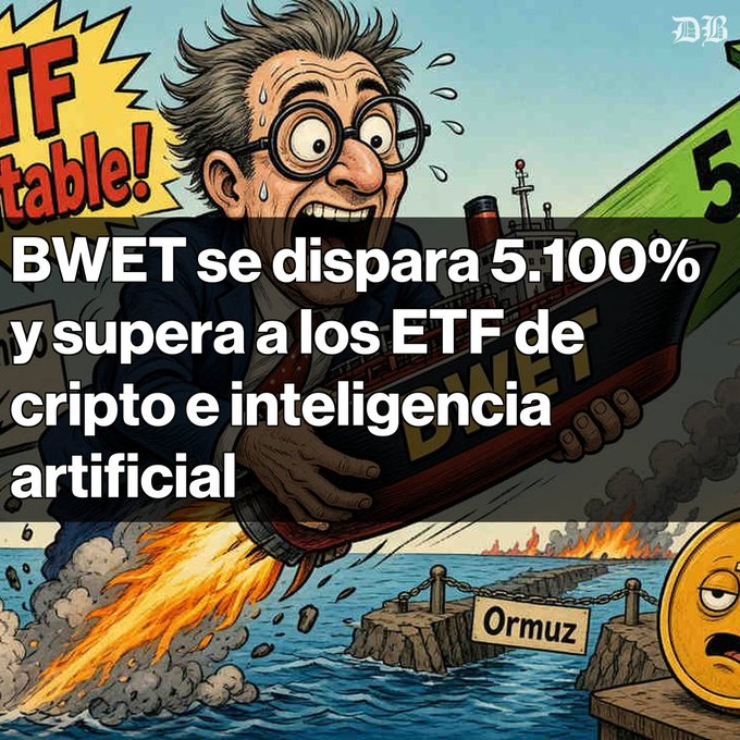 A cartoon illustration of a panicked man firing a rocket labeled 'BWET' toward a dock labeled 'Ormuz,' with Spanish text reading 'BWET se dispara 5.100% y supera a los ETF de cripto e inteligencia artificial.'