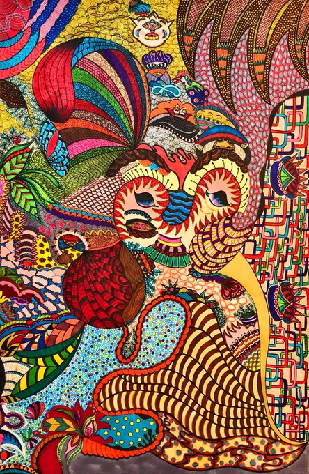 A vibrant, densely detailed psychedelic illustration featuring a stylized face with closed eyes surrounded by an explosion of colorful, intricate patterns including a rainbow heart, flowers, and abstract shapes in bright reds, yellows, blues, and pinks.