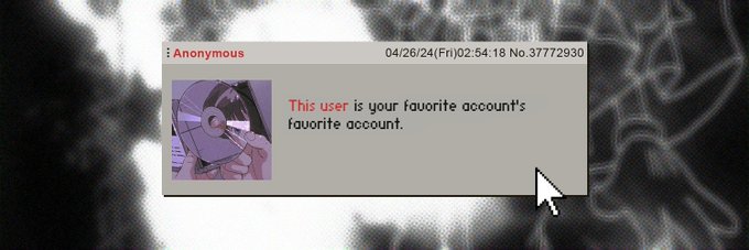 A retro-styled digital banner featuring a purple anime-style character profile labeled "Anonymous" with the caption "This user is your favorite account's favorite account," dated 04/26/24 (Fri) 02:54:18 No.37772930, complementing the poster's excitement about minting their 1/1 based banner.