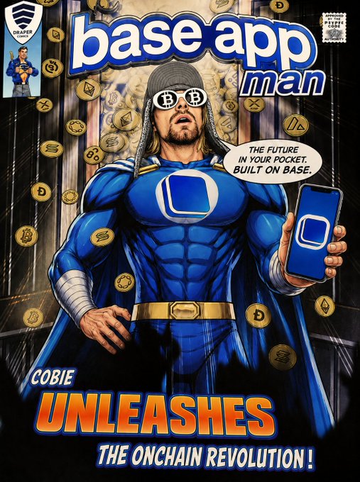 The image is a comic-book-style illustration titled "Base App Man," depicting a muscular superhero figure in a blue suit holding a smartphone with the Base app logo, surrounded by crypto coins and tokens.

Prominent text includes the slogan "THE FUTURE IN YOUR POCKET. BUILT ON BASE" and "COBIE UNLEASHES THE ONCHAIN REVOLUTION!"

The "what if..." post plays on the parody superhero theme, humorously imagining Base founder (and crypto commentator Cobie) as a caped crusader launching an "onchain revolution" by putting the Base app directly into users' pockets.