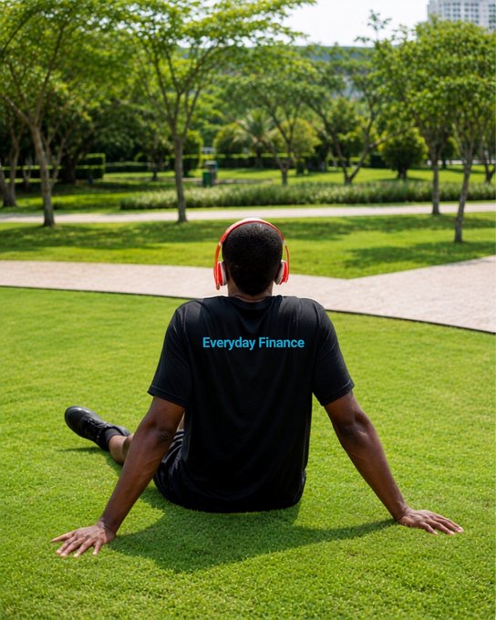 A man wearing a black "Everyday Finance" t-shirt and red headphones sits relaxed on a sunny lawn in a park. The image ties to the "GM" (good morning) post by projecting a calm, weekend-ready vibe perfect for unwinding outside.