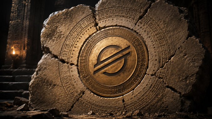 A cracked stone tablet with ancient carvings reveals a central golden coin bearing a stylized "S" logo, resembling the Stellar cryptocurrency, illuminated by a warm light in a dark setting.